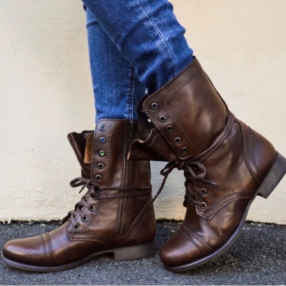 Steve Madden Brown Leather Fame Military Style Boots Fisherman Core B19B